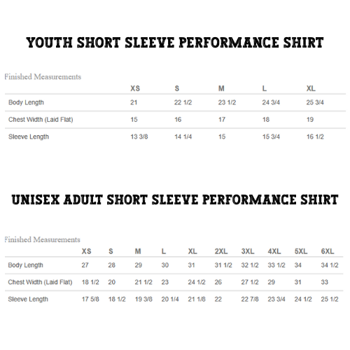 Short Sleeve Performance Shirts Size Chart