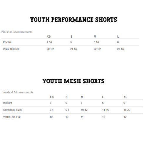 Youth Shorts Size Chart