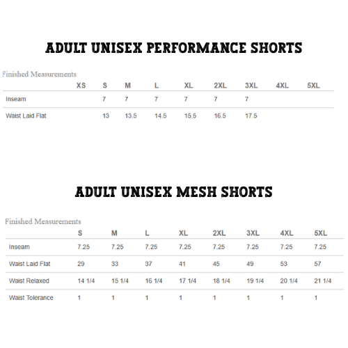 Adult Shorts Size Chart