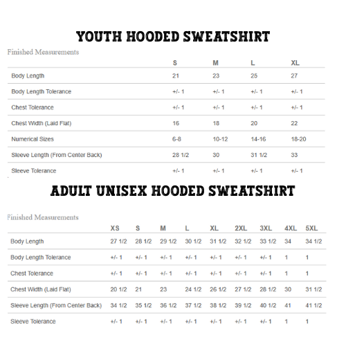 Hooded Sweatshirt Size Chart