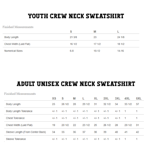 Crew Neck Sweatshirt Size Chart