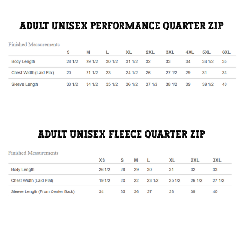 Quarter Zip Shirt Size Chart