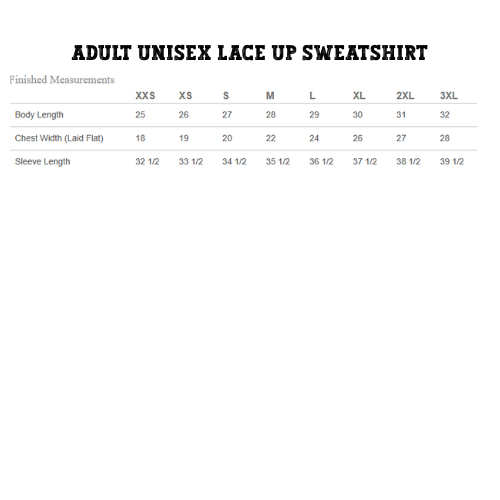 Lace Up Sweatshirt Size Chart